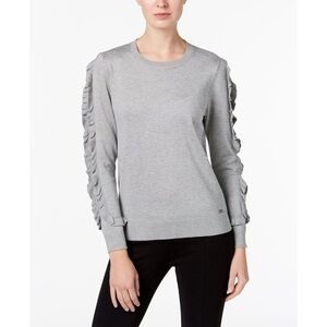 Pink thread grey ruffle sleeve sweater